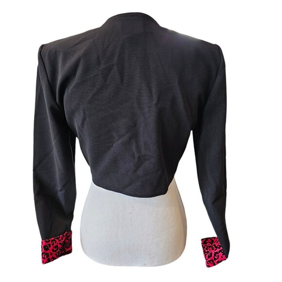 Retro‎ 90s Womens Small Black Cropped Open Blazer Jacket Red Leopard Print Cuffs - Picture 4 of 8